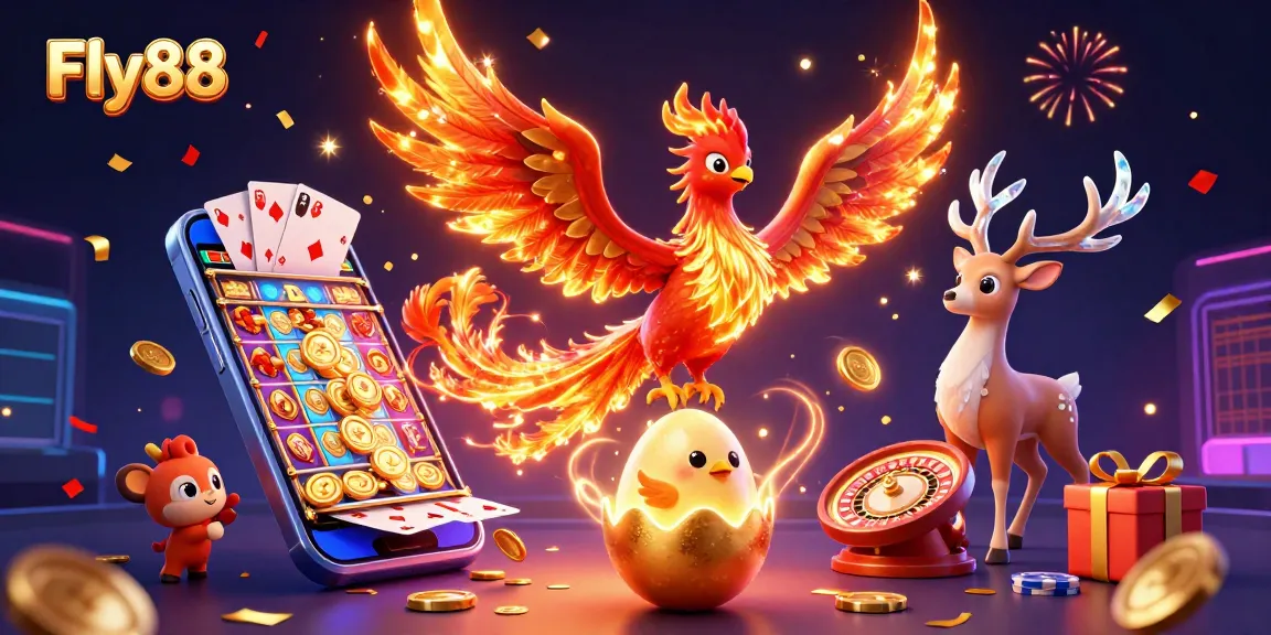 Fly88 showcases a vibrant 3D illustration featuring a phoenix, golden coins, and a lively casino atmosphere.