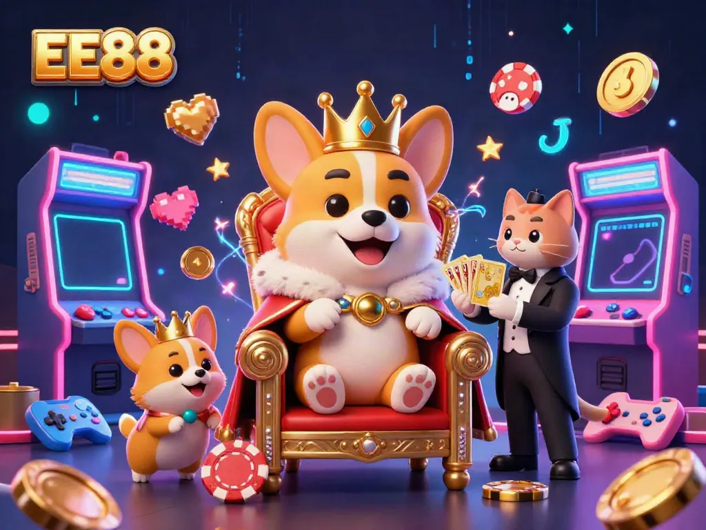 Engage with EE88's thrilling casino experience, featuring a royal corgi and vibrant game elements.