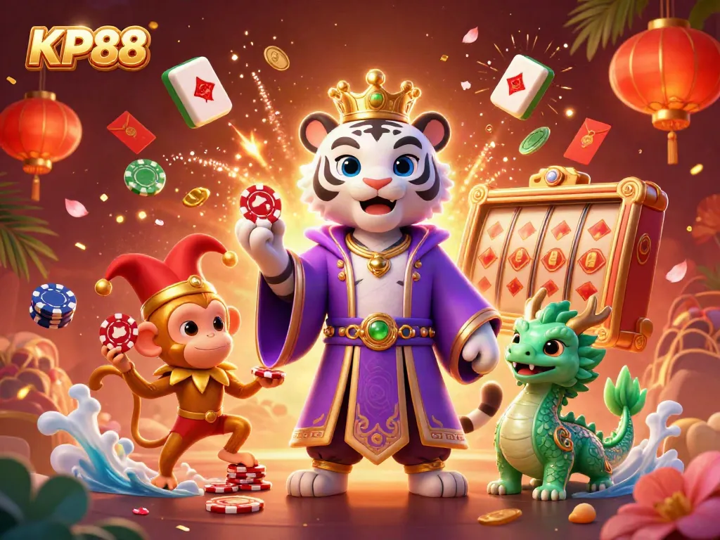 Engage with KP88's vibrant casino excitement featuring a royal tiger and playful elements.
