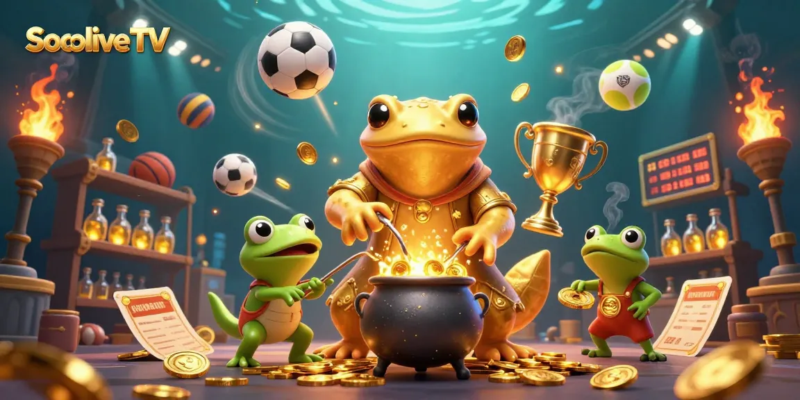 Socolive TV showcases an alchemist converting metals into gold, surrounded by dynamic sports elements.