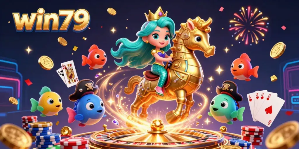 Engage in the vibrant world of win79 with a mermaid princess and seahorse amid golden treasures.