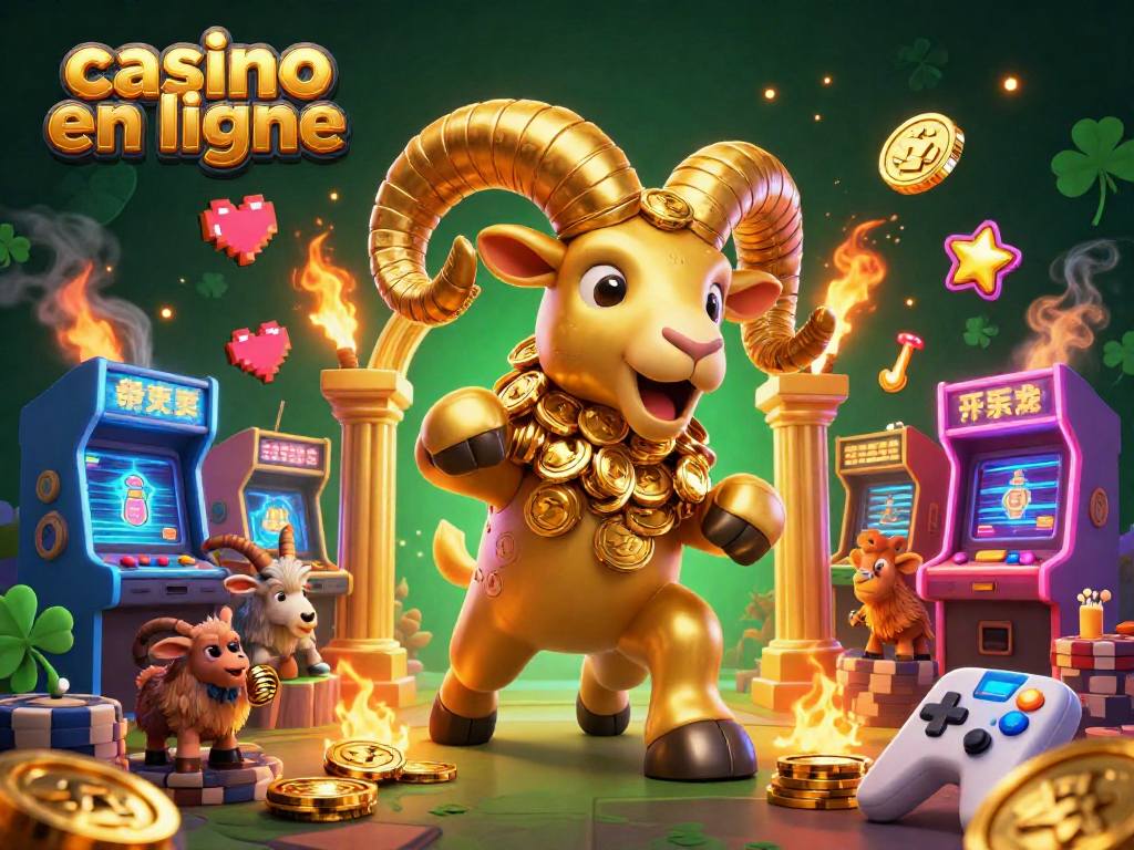 Découvrez l'univers dynamique du casino en ligne avec un bélier doré, emblème de la chance, entouré de machines de jeu colorées.