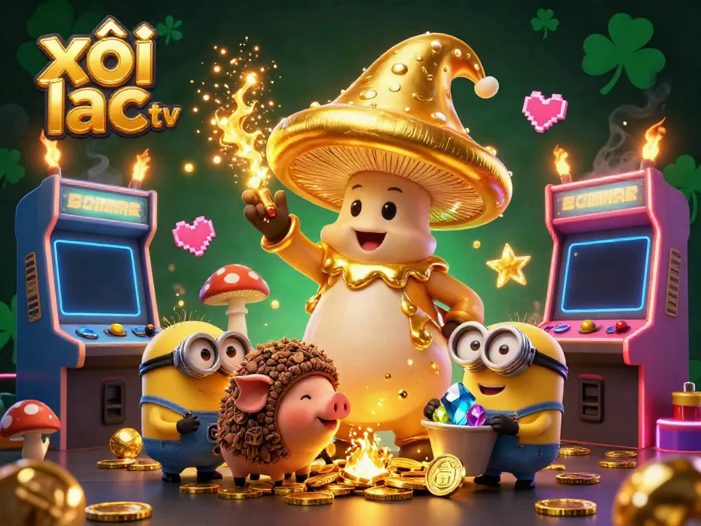 Experience thrilling gambling with xôi lạc tv, showcasing a vibrant scene of magical mushroom characters and casino elements.