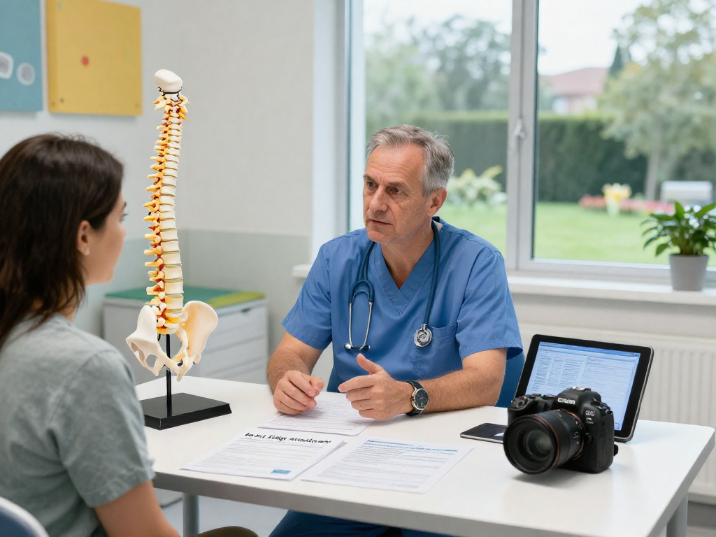Discussion about bel fıtığı ameliyatı between surgeon and patient in modern clinic.