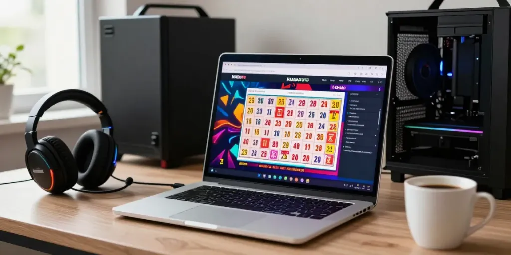 Engaging gameplay scene for togel online on a laptop with gaming accessories.