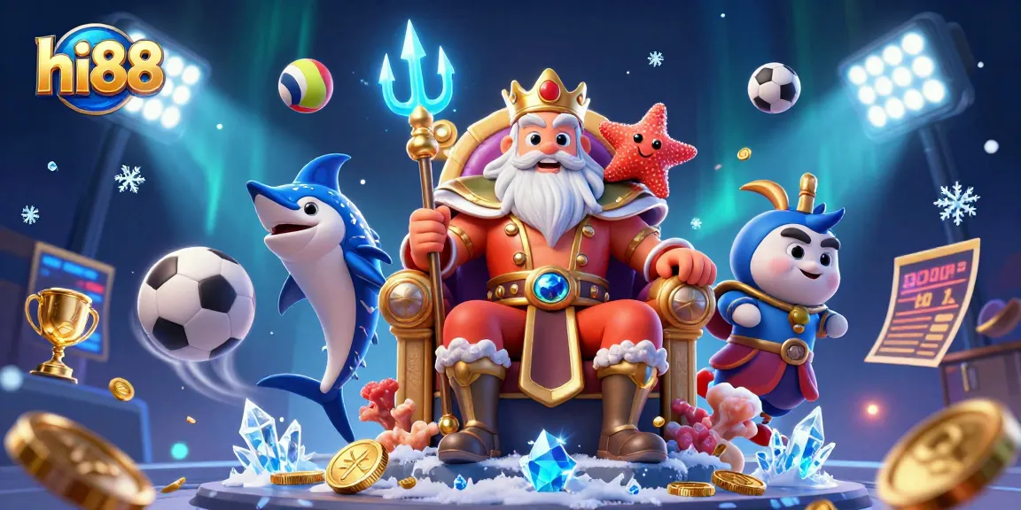 Experience the fun at hi88 with a vibrant casino scene featuring Neptune and sports elements.