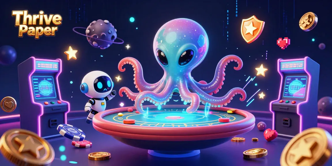 Thrive Paper features a vibrant poker scene with an alien octopus dealer, exciting casino elements, and dynamic visuals.