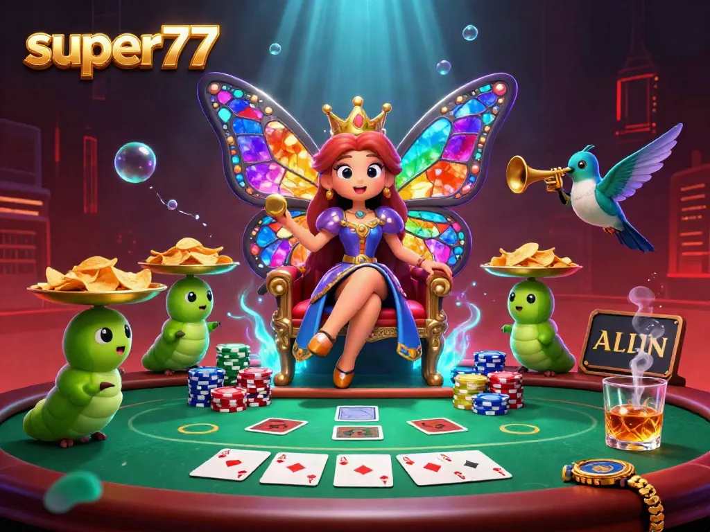Experience thrilling gaming with super77 in this vibrant illustration of a queen and poker elements.