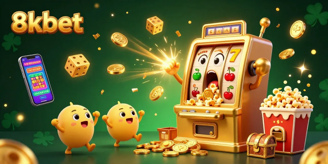 Celebrate winning big at 8kbet with a dynamic slot machine scene overflowing with coins.