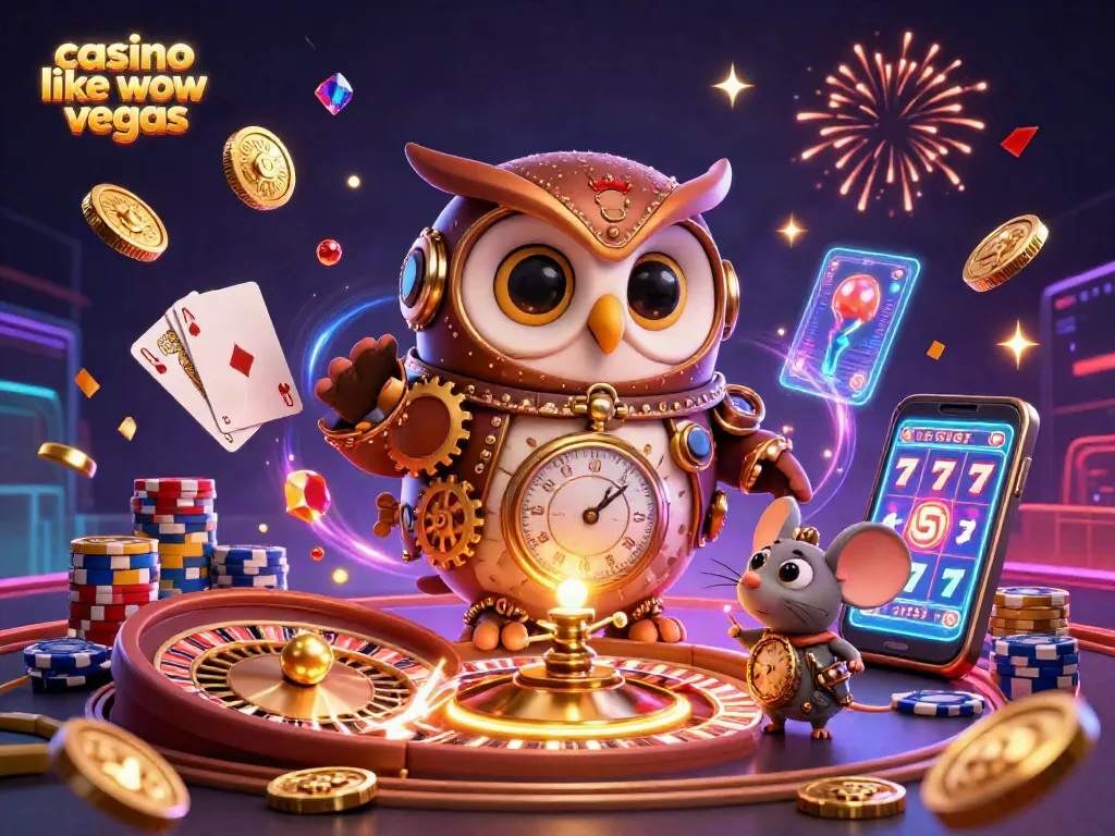 Play exciting games at casino like wow vegas with a vibrant illustration of coins, cards, and a unique owl character.