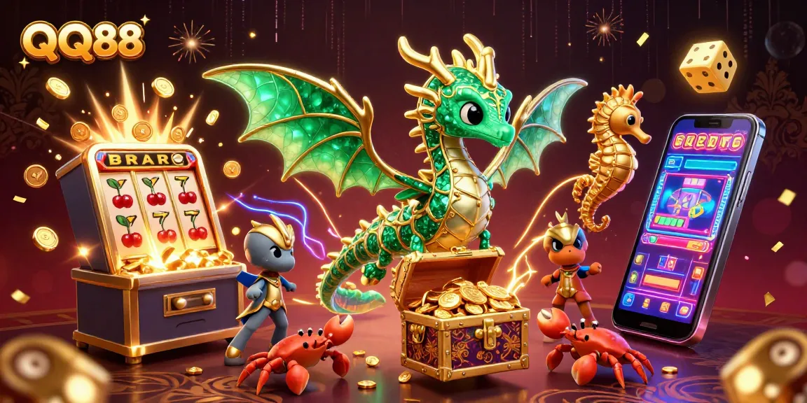Experience the thrill of QQ88's casino games with dynamic dragon-themed 3D illustration.