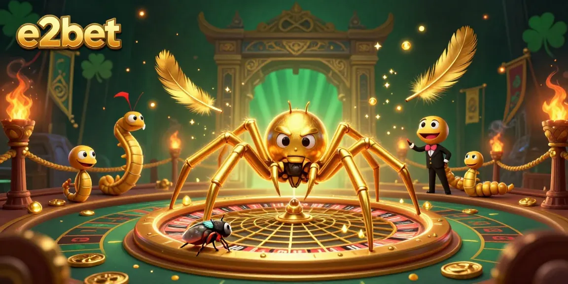 Experience thrilling bets with e2bet featuring a golden spider and roulette web in a vibrant casino scene.