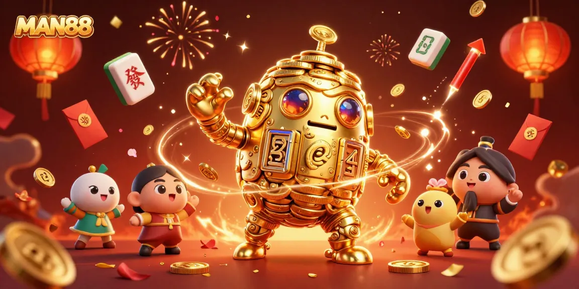 Win big with MAN88 as the golden golem and festive symbols illuminate the casino atmosphere.