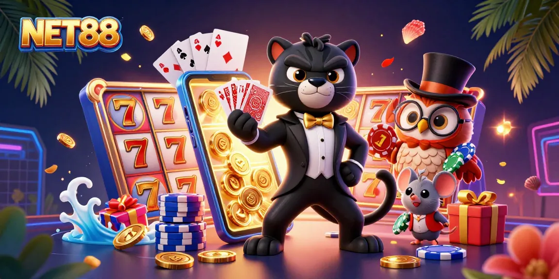 Experience NET88's vibrant casino world with a stylish panther dealing cards.