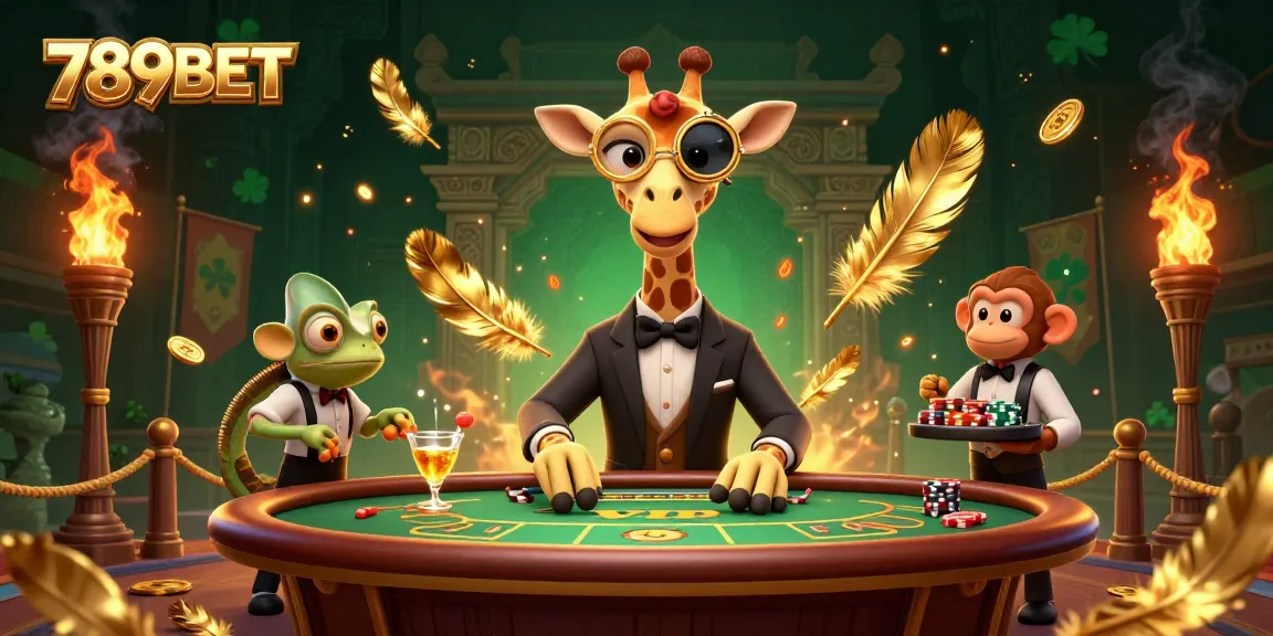 Immerse in 789BET's vibrant casino scene featuring a high-roller giraffe, monkey valet, and chameleon bartender.
