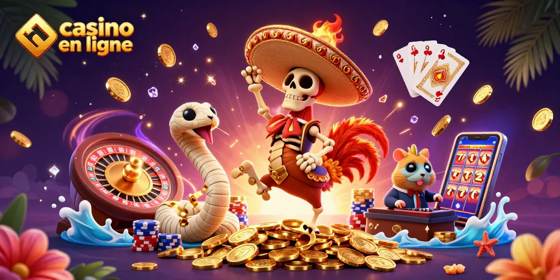 Jouer au casino en ligne avec des personnages festifs et des éléments de jeu dynamiques dans un décor vibrant.
