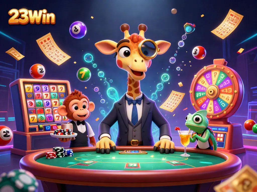 Engage with thrilling gambling experiences at 23Win in this vibrant 3D casino illustration.