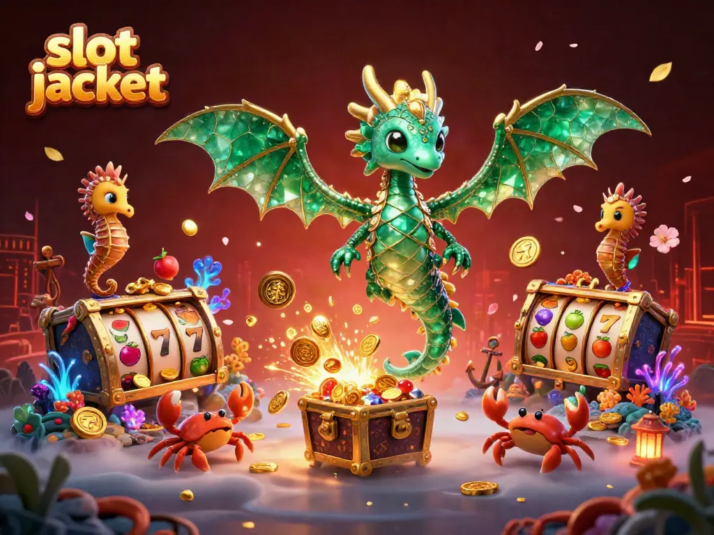 Experience thrilling action in a vibrant slot jackpot adventure with emerald dragon and floating treasure.