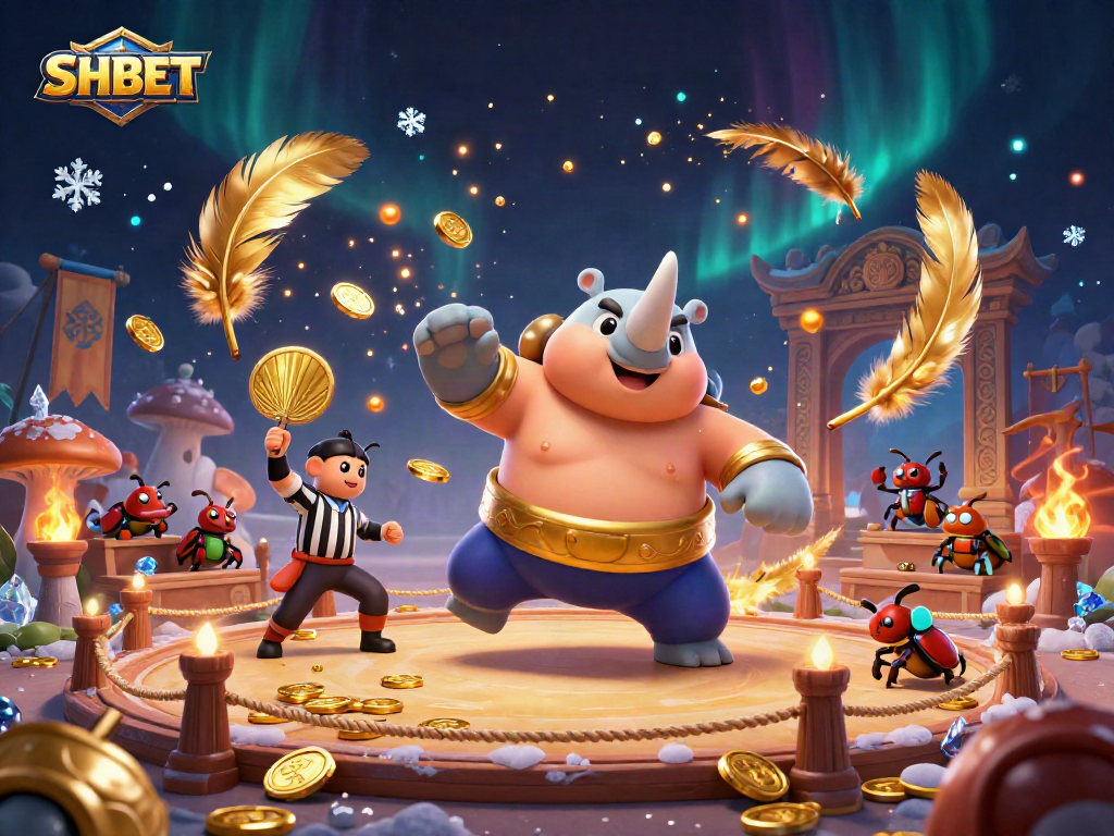 Engage with SHBET's dynamic gaming scene, featuring a sumo champion beetle amidst gold coins and excitement.