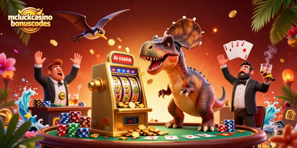 Experience mcluckcasinobonuscodes with a dazzling cartoon scene of jackpot wins and excitement!