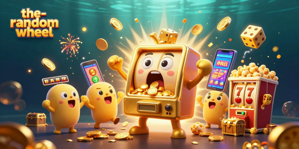 The-random-wheel showcases a golden slot machine celebrating a jackpot among cheering smaller machines and confetti.