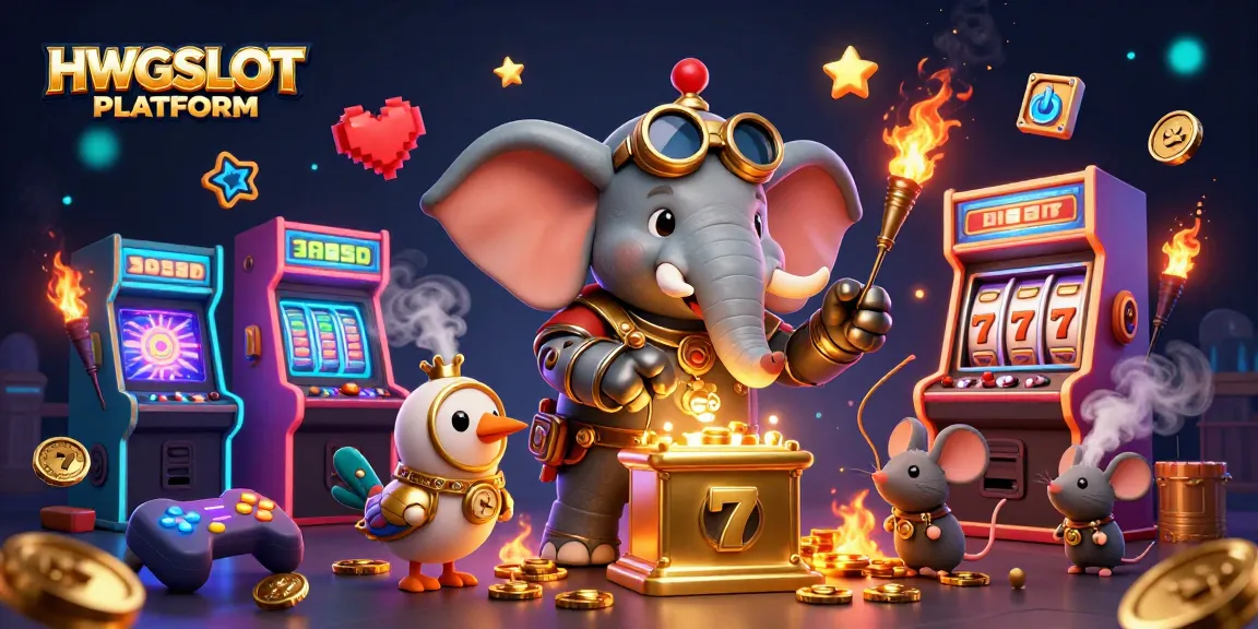 Engage with the thrilling HWGSLOT PLATFORM featuring a steampunk elephant and colorful slot machines.