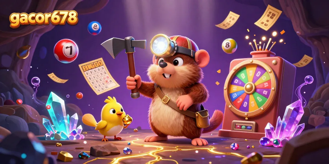 Engage with exciting gacor678 gaming features illustrated by a treasure hunter mole exploring in vibrant casino-themed scene.