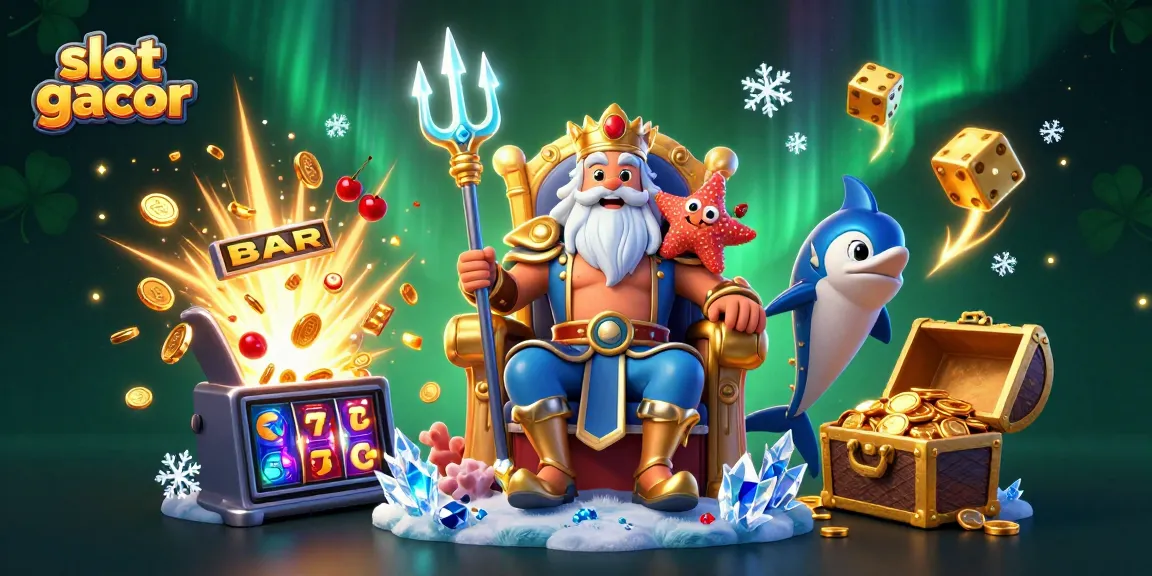 Slot gacor menyajikan ilustrasi raja laut dengan mesin slot dan efek jackpot yang megah.