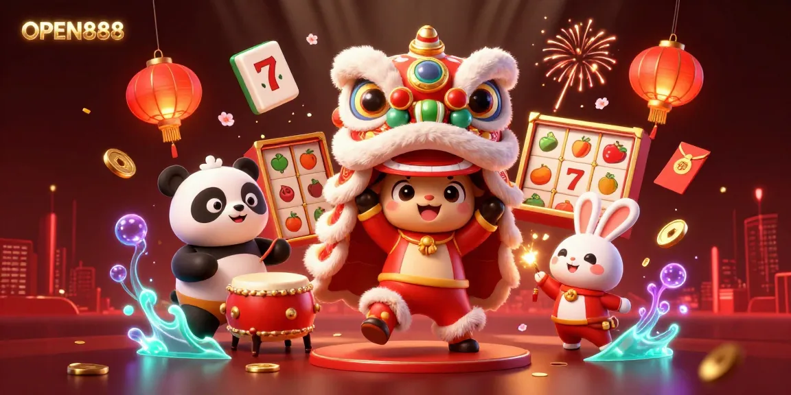 The scene depicts OPEN888 with lively Asian characters celebrating a vibrant casino atmosphere, featuring slot elements and festival decorations.