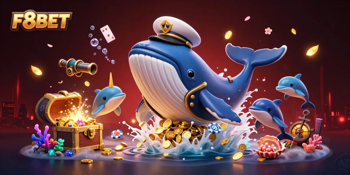 Experience thrilling gaming with F8BET's captivating underwater scene featuring a whale and dolphins.