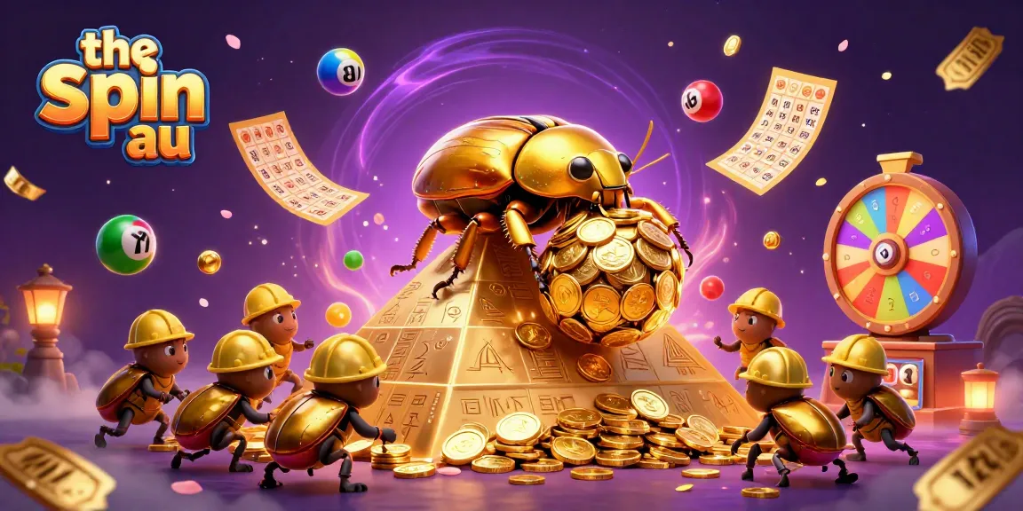 The spin au showcases a whimsical beetle theme with vibrant casino elements highlighting gaming excitement, perfect for Aussie slots fans.