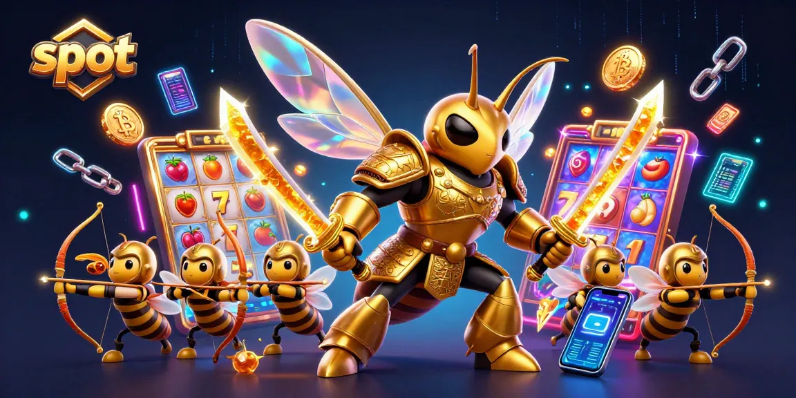 Engage with slot reels and vibrant symbols in a captivating scene featuring a golden hornet and bee archers.