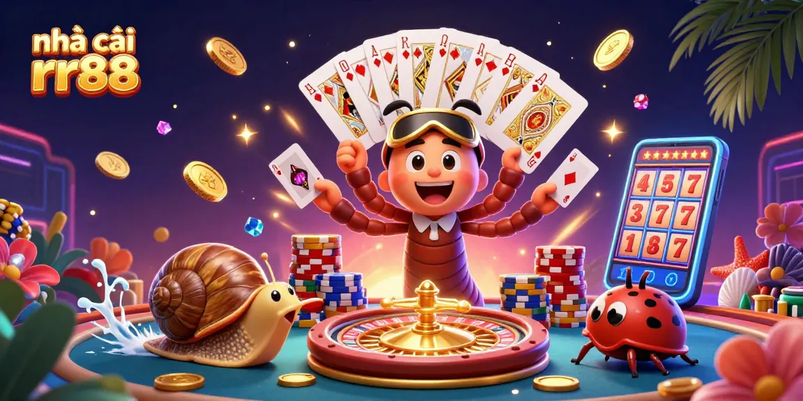 Engage with nhà cái rr88 casino excitement showcasing a vibrant 3D scene with dynamic characters and gaming elements.