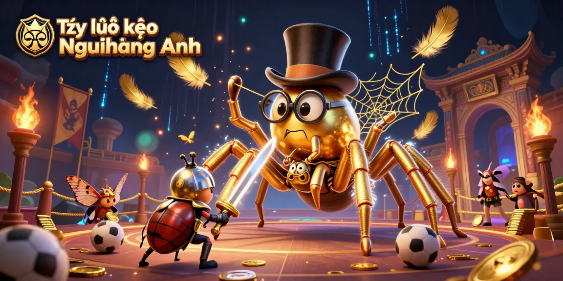 Tỷ lệ kèo Ngoại hạng Anh dynamically illustrates a giant golden tarantula weaving a web of betting excitement.