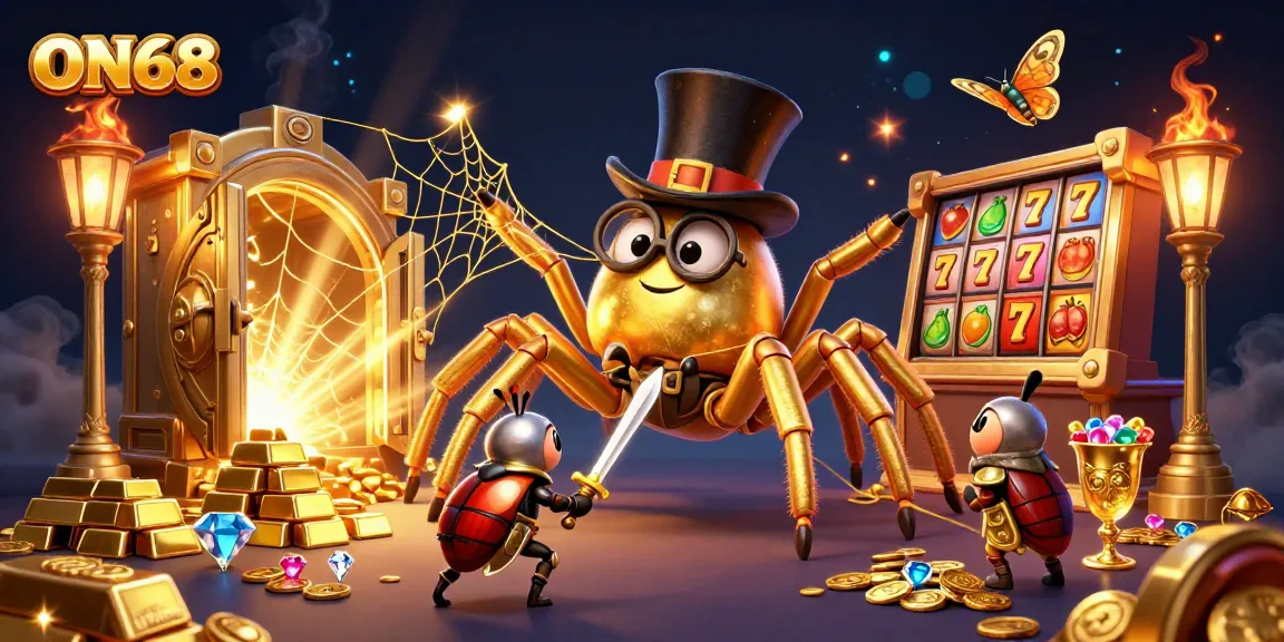 Experience the magic of ON68 with a golden tarantula and beetle knight in a vibrant casino scene.