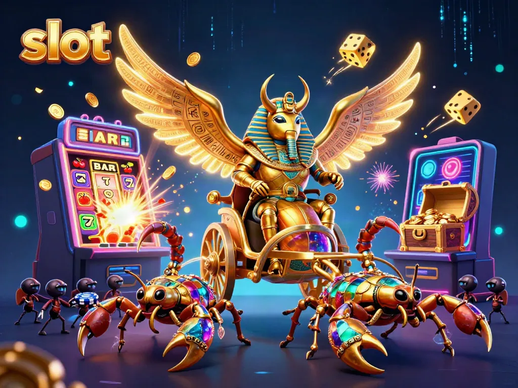 Experience thrilling slots with a dynamic scene featuring a golden scarab and jackpot explosion.