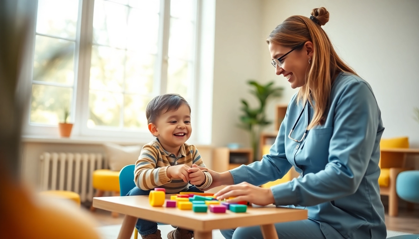 Child engaging in ABA therapy for kids with a therapist in a bright and supportive environment.
