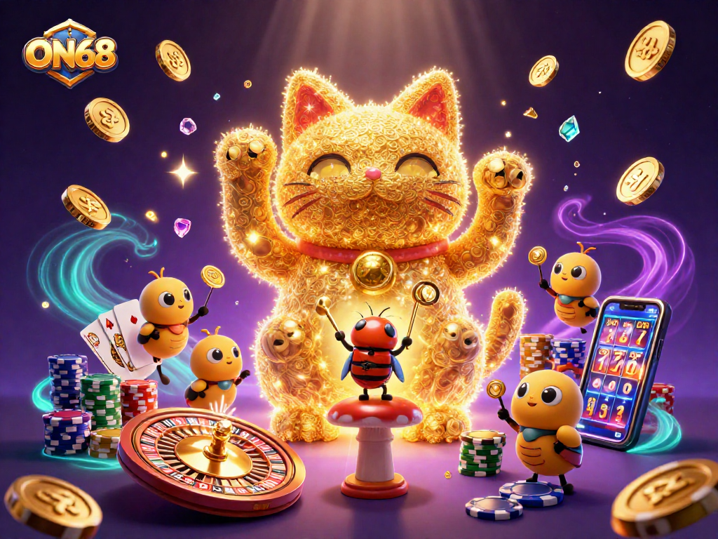 ON68 celebrates winnings with a 3D lucky cat and a dazzling casino scene featuring vibrant games.