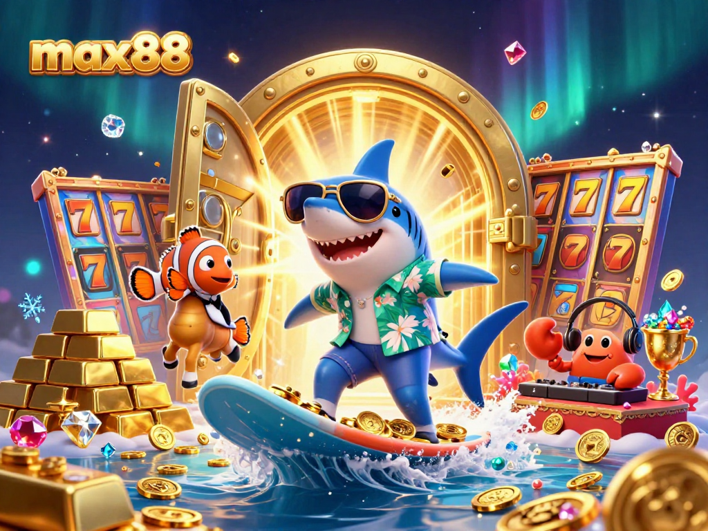 Experience the thrill of max88 with a whimsical casino scene featuring a hammer-head shark and friends.