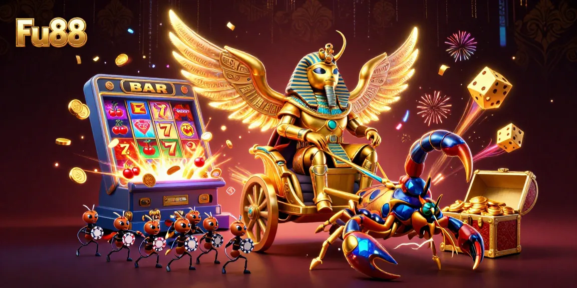 Experience a thrilling moment at Fu88 with a colossal golden scarab, jackpot, and vibrant casino elements.
