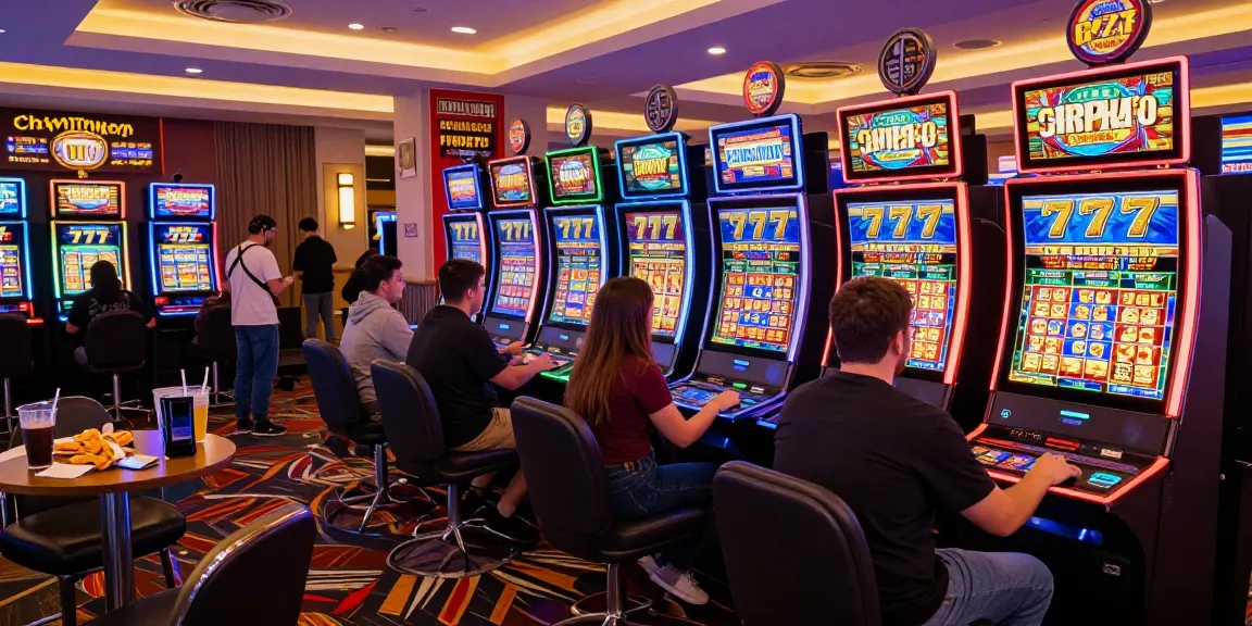 Excited players engaging with vibrant 777 slot machines in a lively casino.