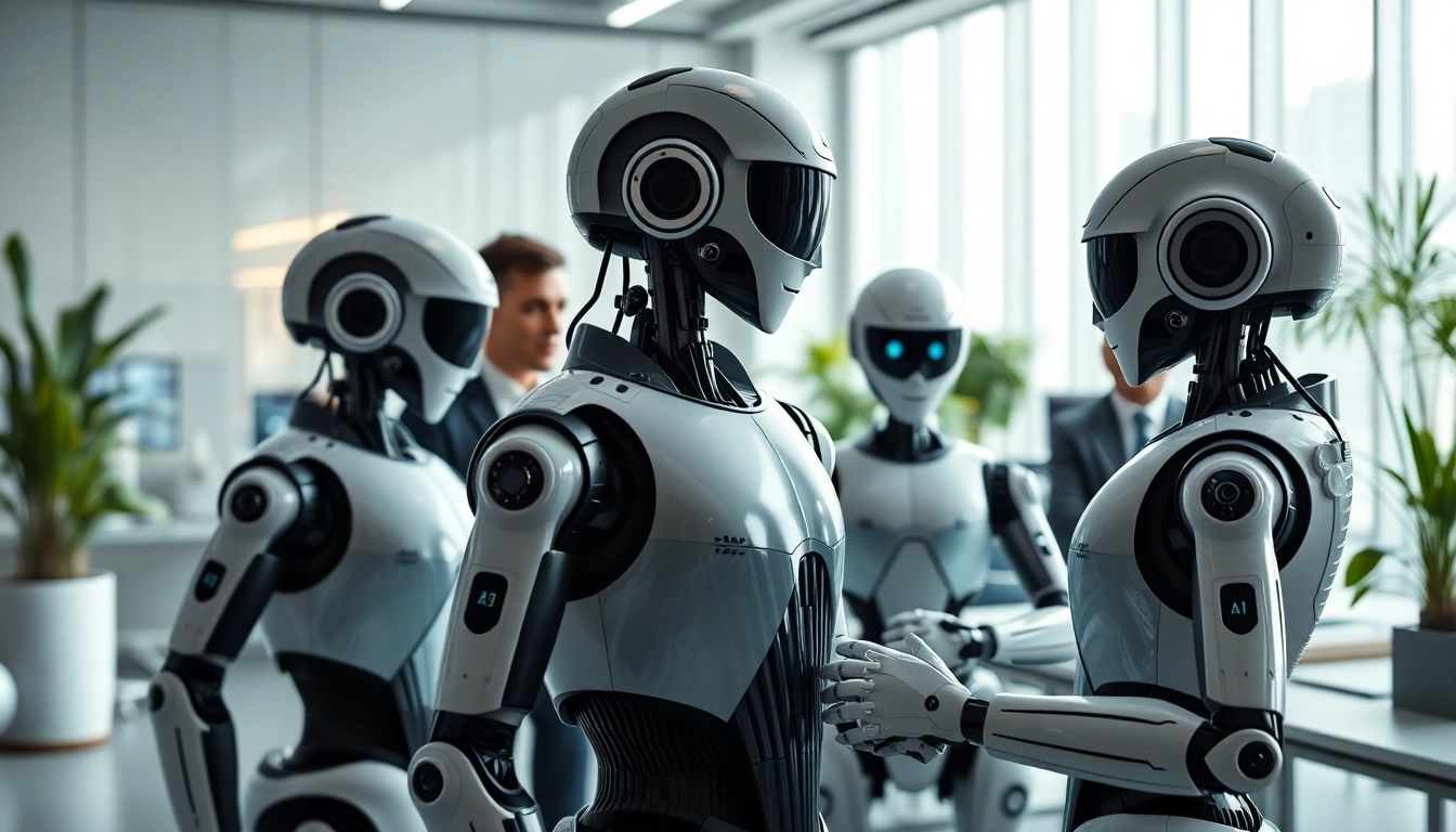 Enhanced Ai Bots collaborating with humans in a modern office setting.