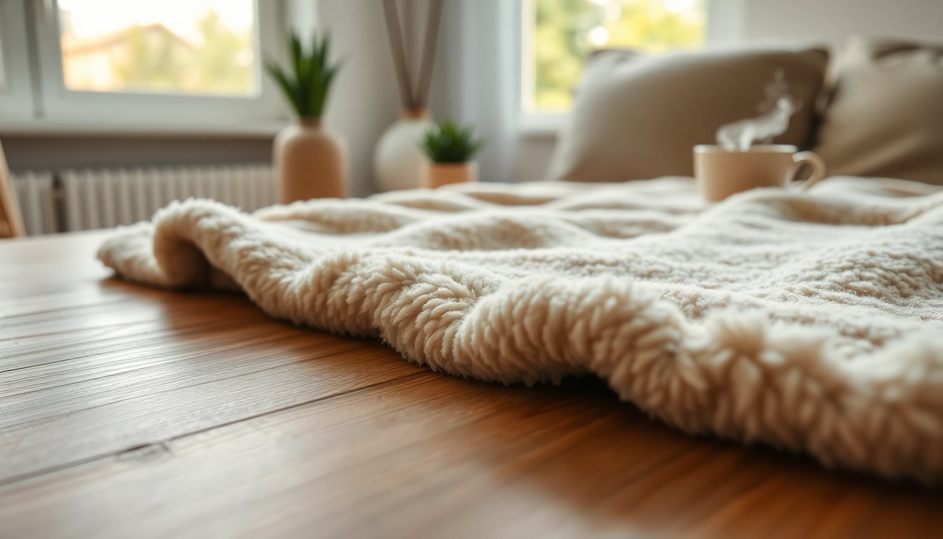 Fleece stof met een zachte textuur op een houten tafel, omgeven door een warme sfeer.