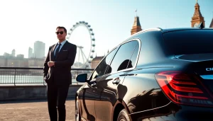 Elegant london chauffeur beside a luxury car with London skyline in background.