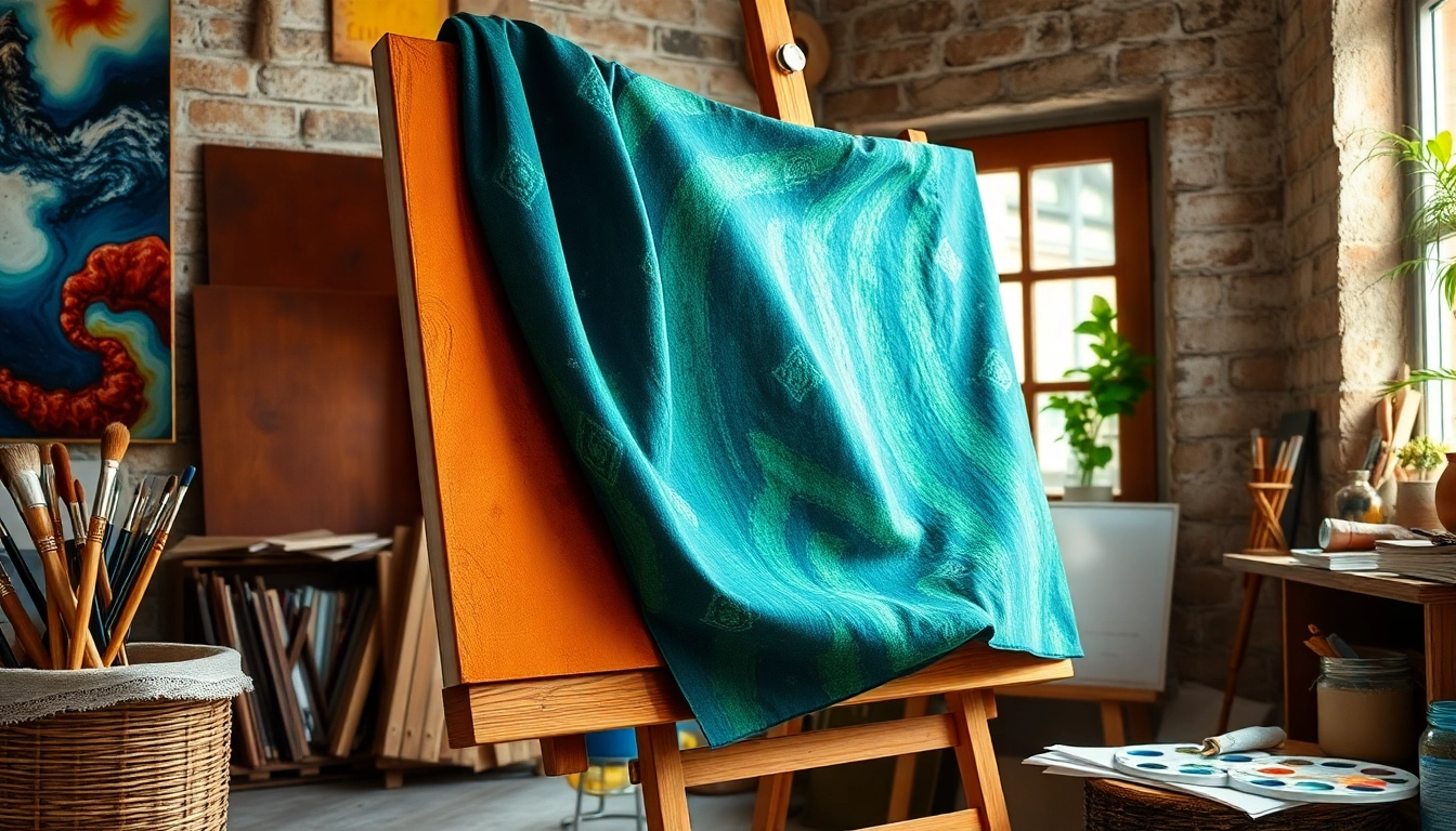 Canvas stof met kleurrijke patronen en artistiek gereedschap in een gezellige omgeving.
