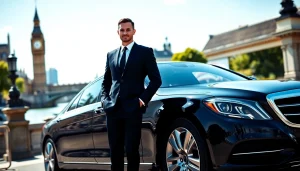 Experience the elegance of private chauffeur London next to a luxurious black car in the city.