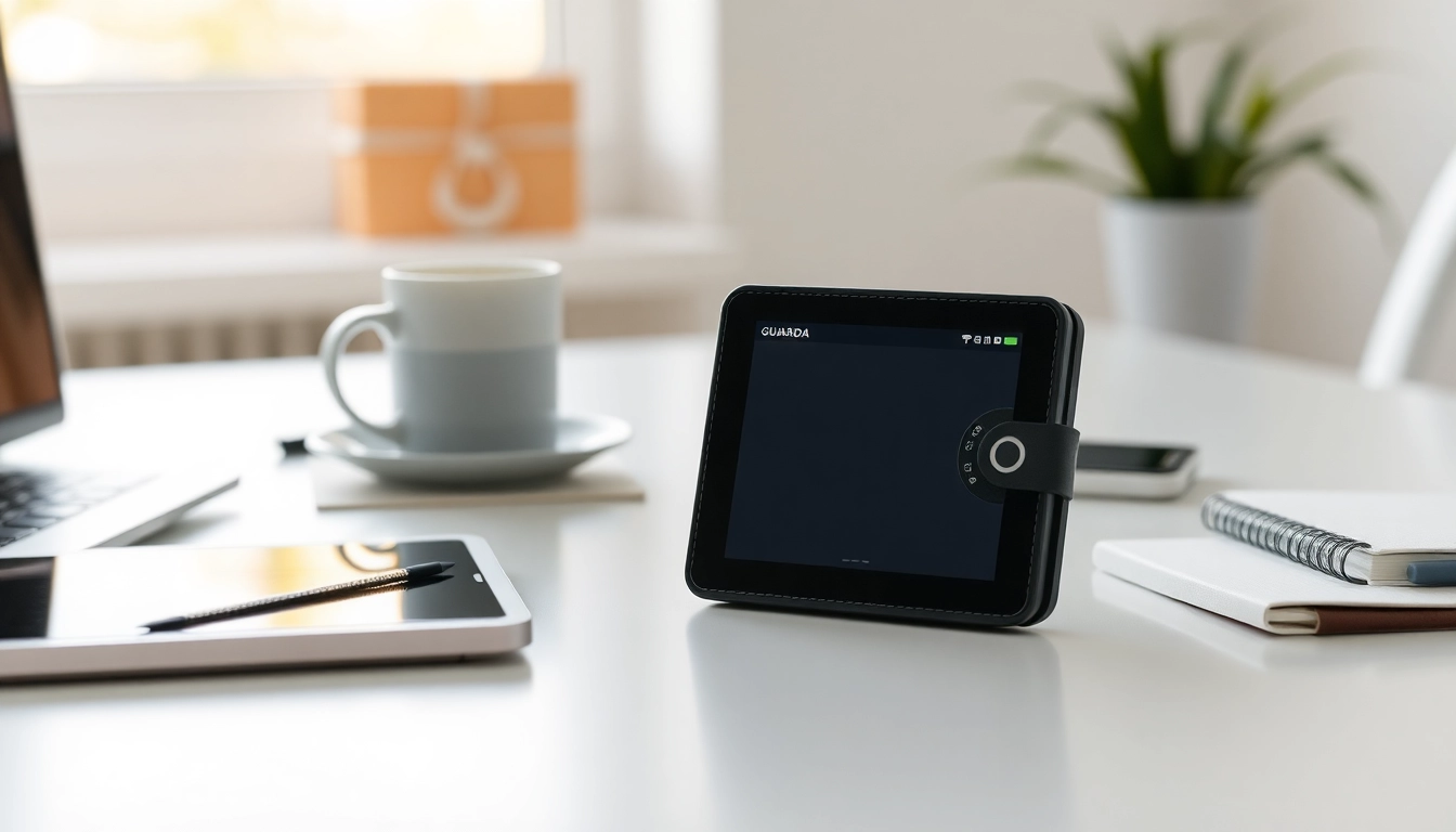 Showcasing a guarda wallet on a sleek desk highlighting its user-friendly interface.
