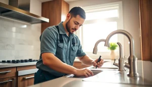 Fixing plumbing Lacey Wa focus on professional plumber at a residential kitchen sink.