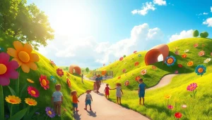Menggambarkan pengalaman bermain di totopia dengan anak-anak yang terlibat dalam eksplorasi sensorik.