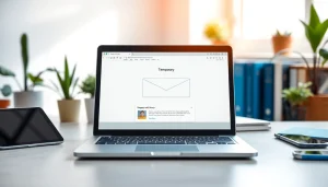 Generate a temporary email seamlessly with a laptop interface in a bright workspace.